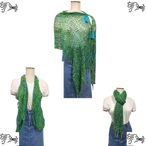 Green Purple Turquoise Olive Mix Poncho Vest Scarf Adjustable Tassel Wrap - Picture 2 of 6